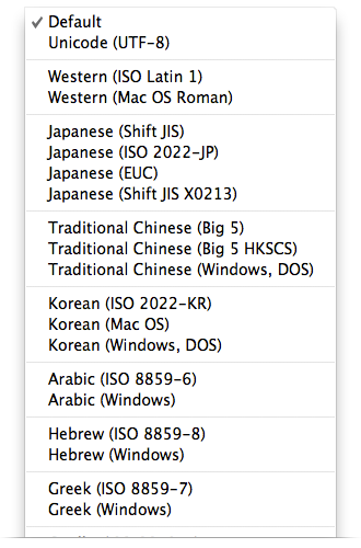 Safari's encoding selection menu