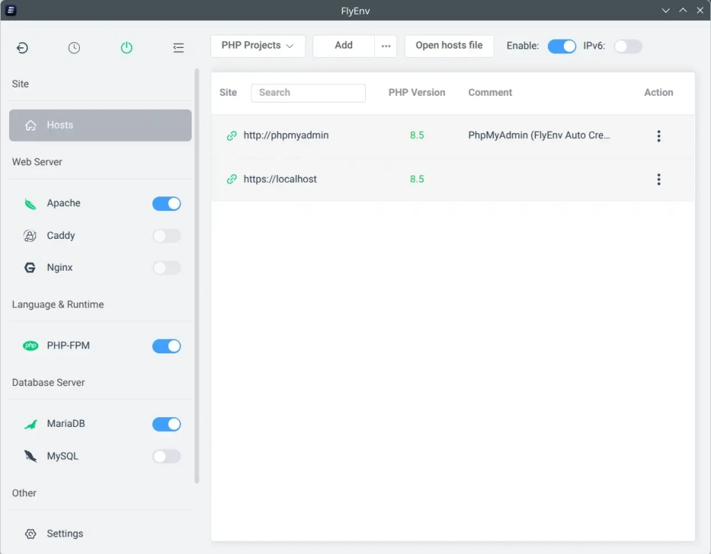FlyEnv configured for Apache + PHP-FPM + MySQL