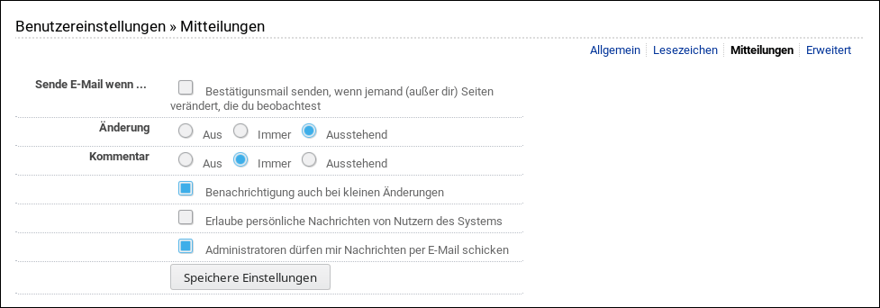 Benutzereinstellungen für Mitteilungen