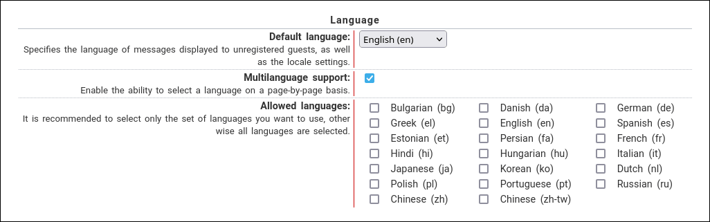 Language settings in the system administration