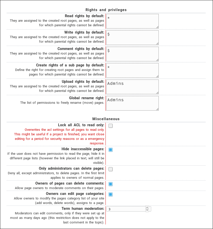 default ACL settings in the Admin Panel