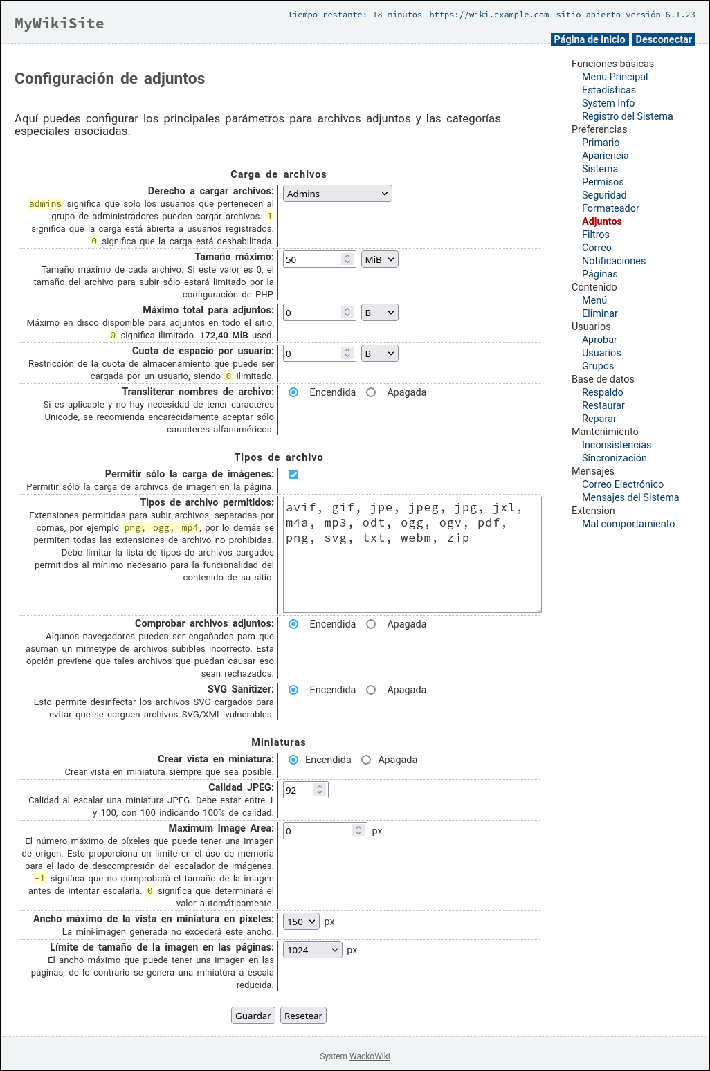 configuración de adjuntos