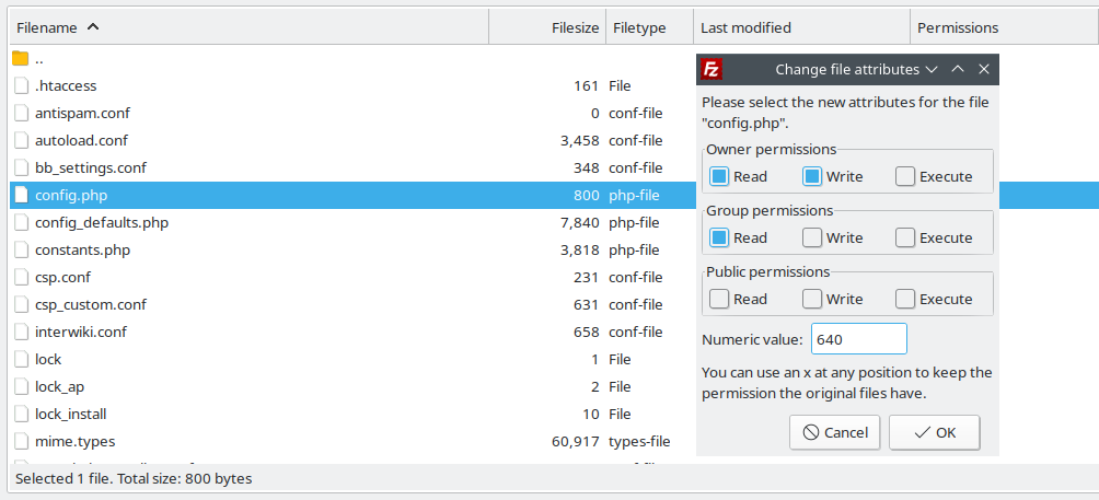 set file permissions for config file via FileZilla