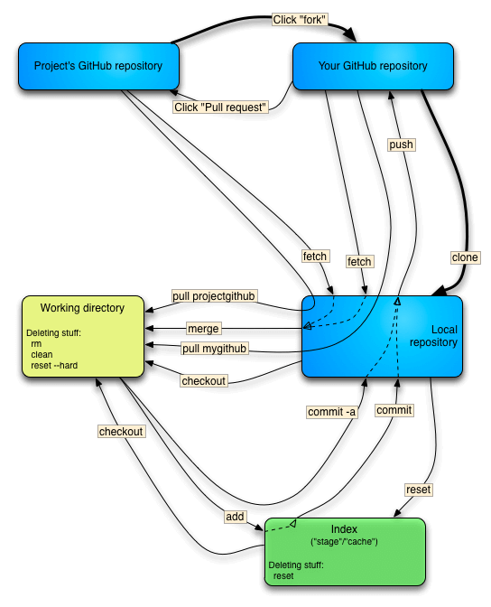 The “bread and butter” commands and concepts needed to work with a Github-hosted project.