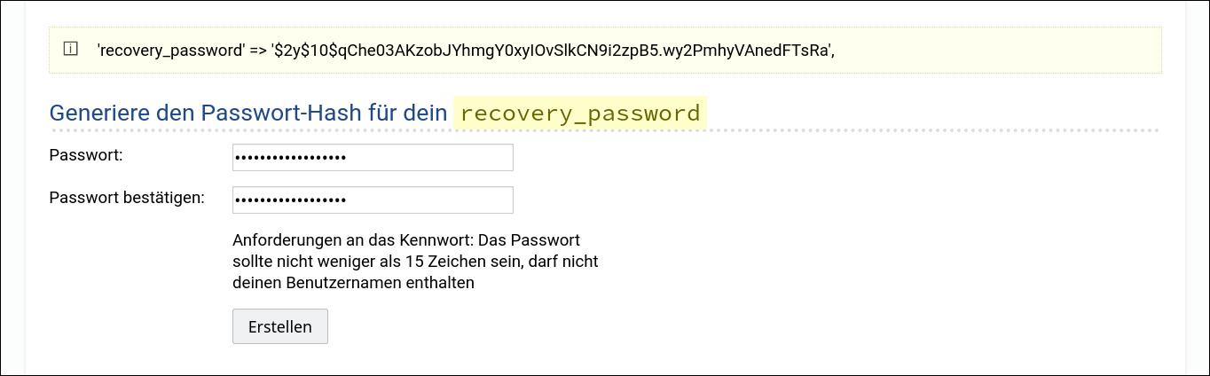 Screenshot: WackoWiki Zugang zum Admin-Panel konfigurieren Schritt 2: Passwort-Hash erstellen