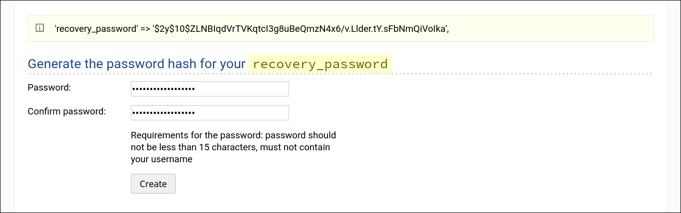 Screenshot: WackoWiki configure Admin panel access step 2: create password hash