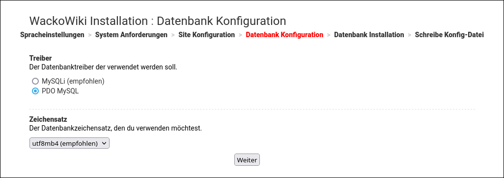 Bildschirmabdruck: WackoWiki R6.0 upgrade von R5.5: Datenbank Konfiguration