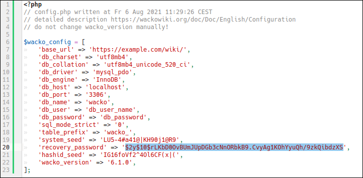 Screenshot: WackoWiki R6.1 configure Admin panel access step 3: edit config/config.php