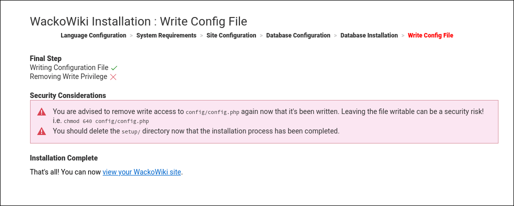 WackoWiki installation step 6: write config file