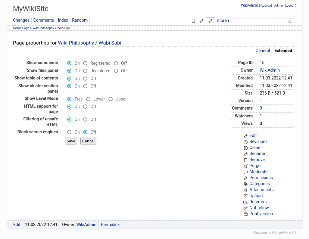 WackoWiki Extended Page Settings