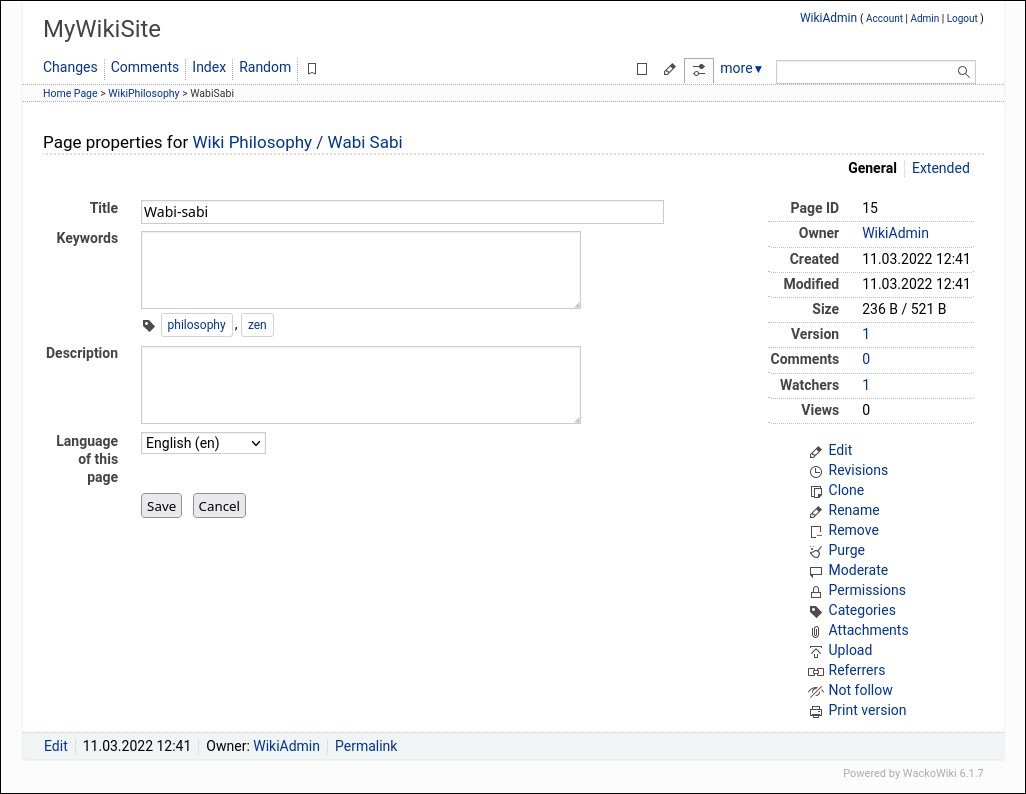 WackoWiki Page properties