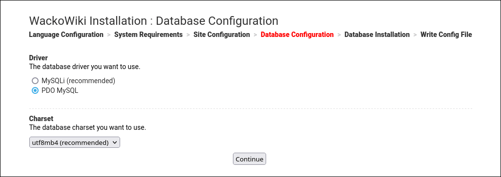 WackoWiki R6.1 upgrade step 4: database configuration