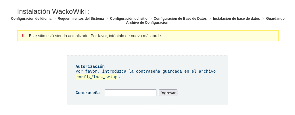 WackoWiki R6.2, paso 0 de la instalación: autorización (13.3 KiB) WackoWiki R6.2, paso 0 de la instalación: autorización