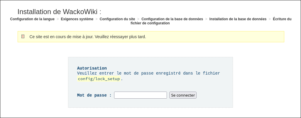 WackoWiki R6.2 étape d'installation 0 : autorisation (13.2 KiB) WackoWiki R6.2 étape d'installation 0 : autorisation