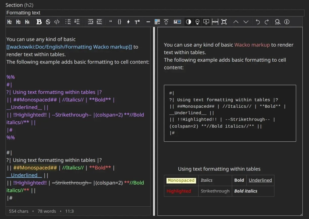 WikiEdit in dark mode with with live preview and syntax highlighting