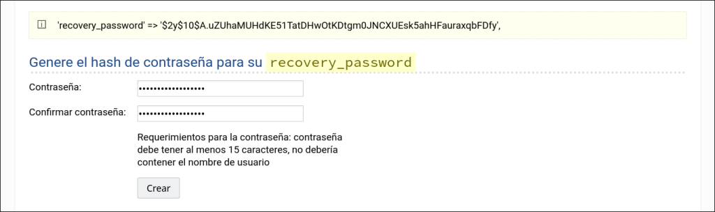 Captura de pantalla: WackoWiki configurar acceso al panel de administración paso 2: crear contraseña hash