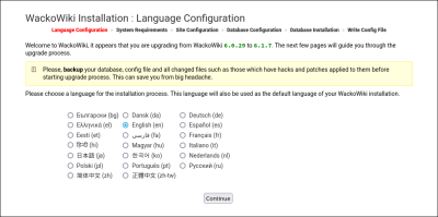 WackoWiki R6.1 upgrade step 1: language settings